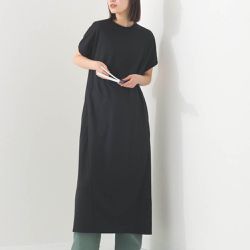 日本 OMNES - 接觸涼感 嫘縈圓領傘狀短袖洋裝-黑