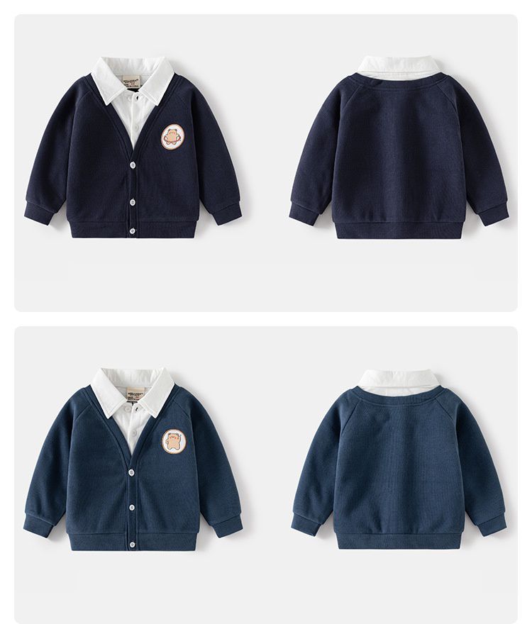 WELLKIDS - 假兩件翻領長袖開衫上衣-排球熊熊-灰色