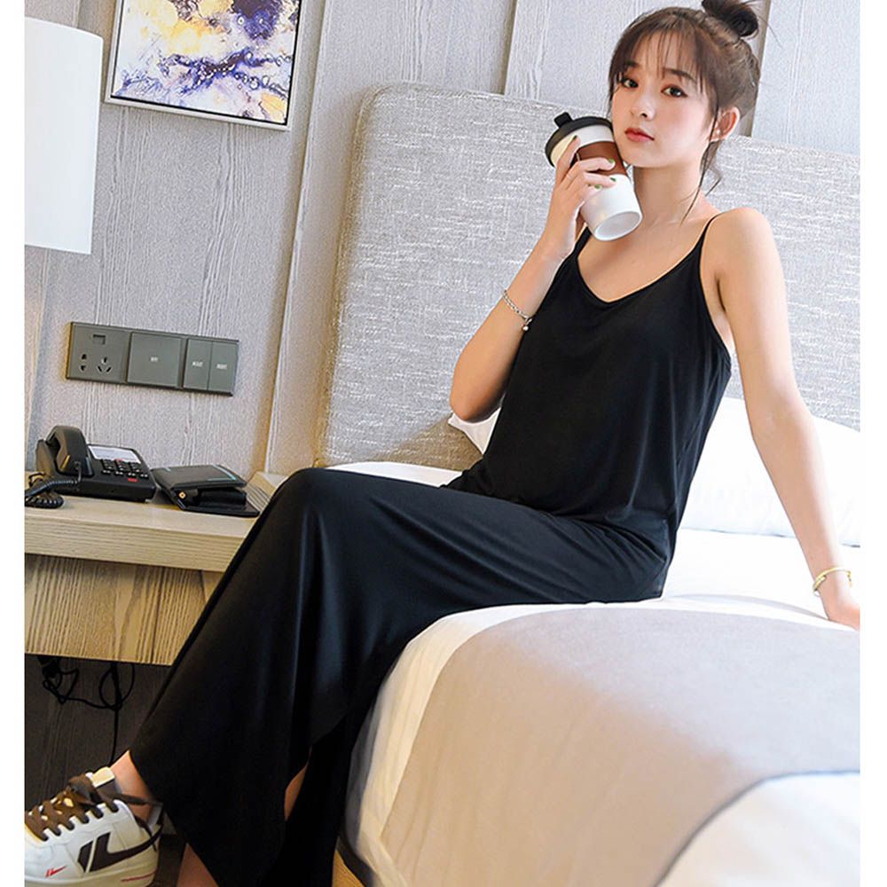 涼感莫代爾細肩帶Bra長洋裝-黑色