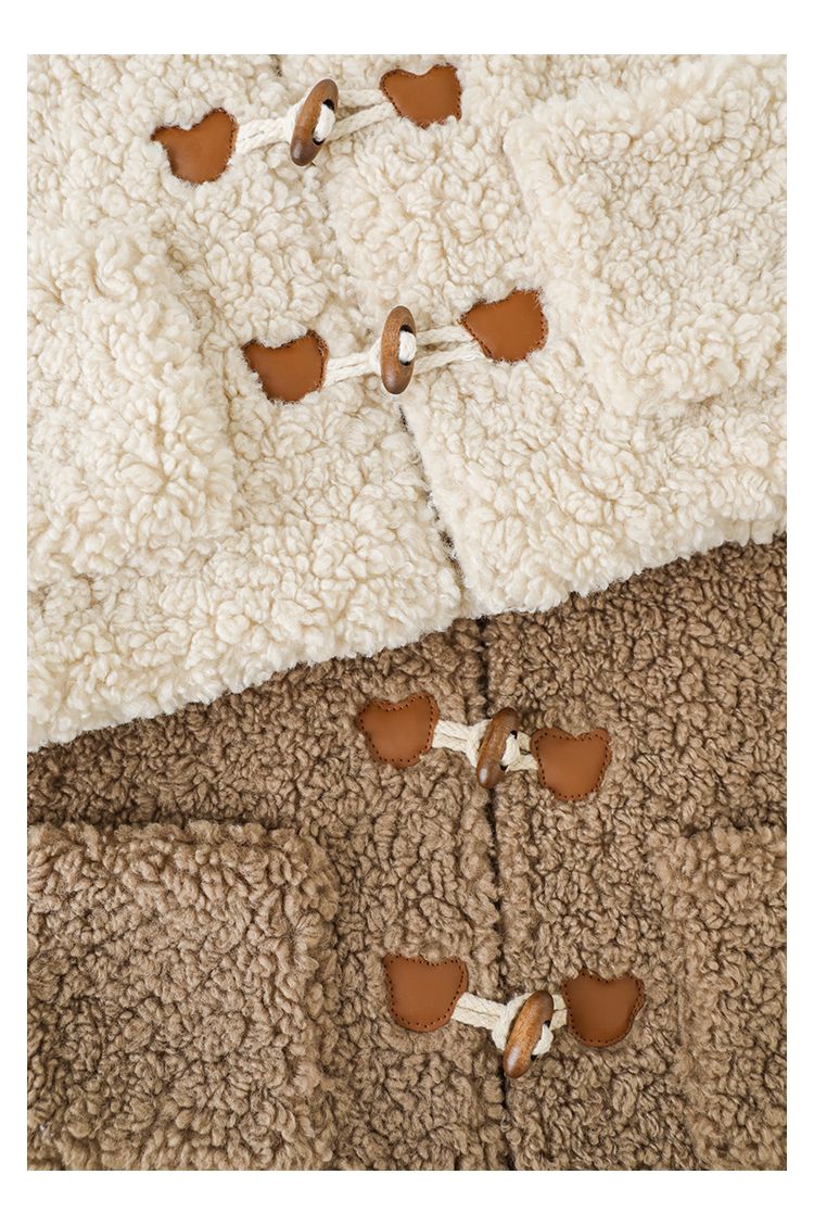 TONGMO - 立體造型羊羔絨牛角釦連帽外套-熊耳朵-米色