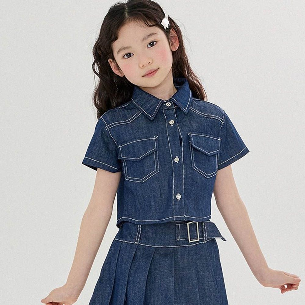 經典修身丹寧翻領襯衫-深藍