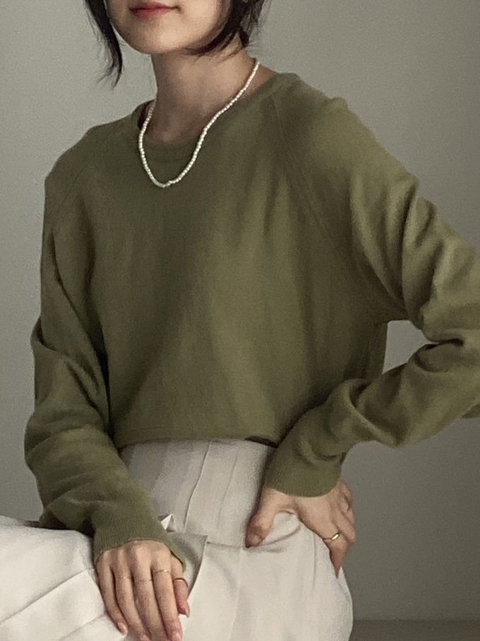 韓國女裝連線 - 喀什米爾混織針織上衣(不刺膚)-綠 (FREE)