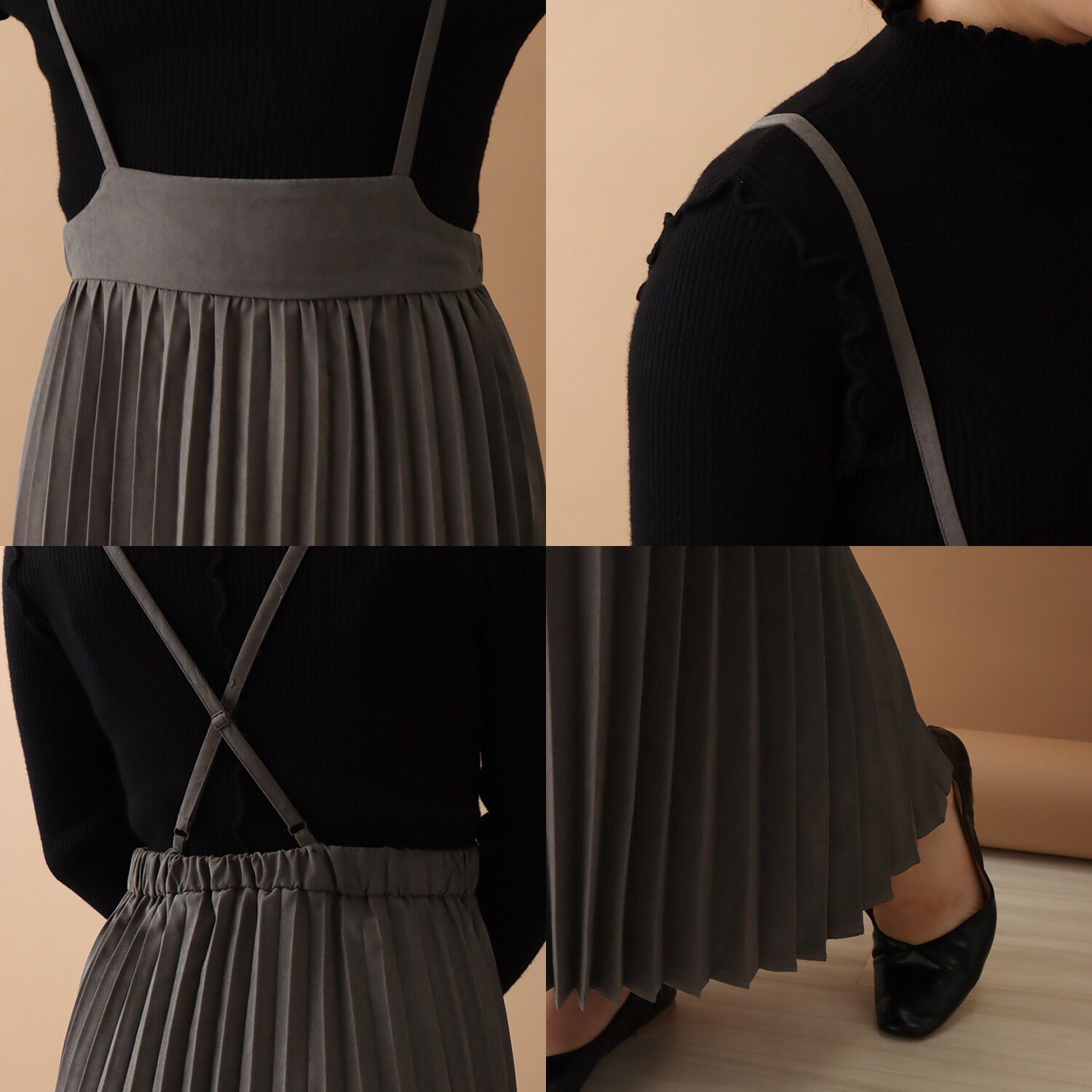 日本 libelle more - 細肩帶百褶吊帶裙-黑 (M)