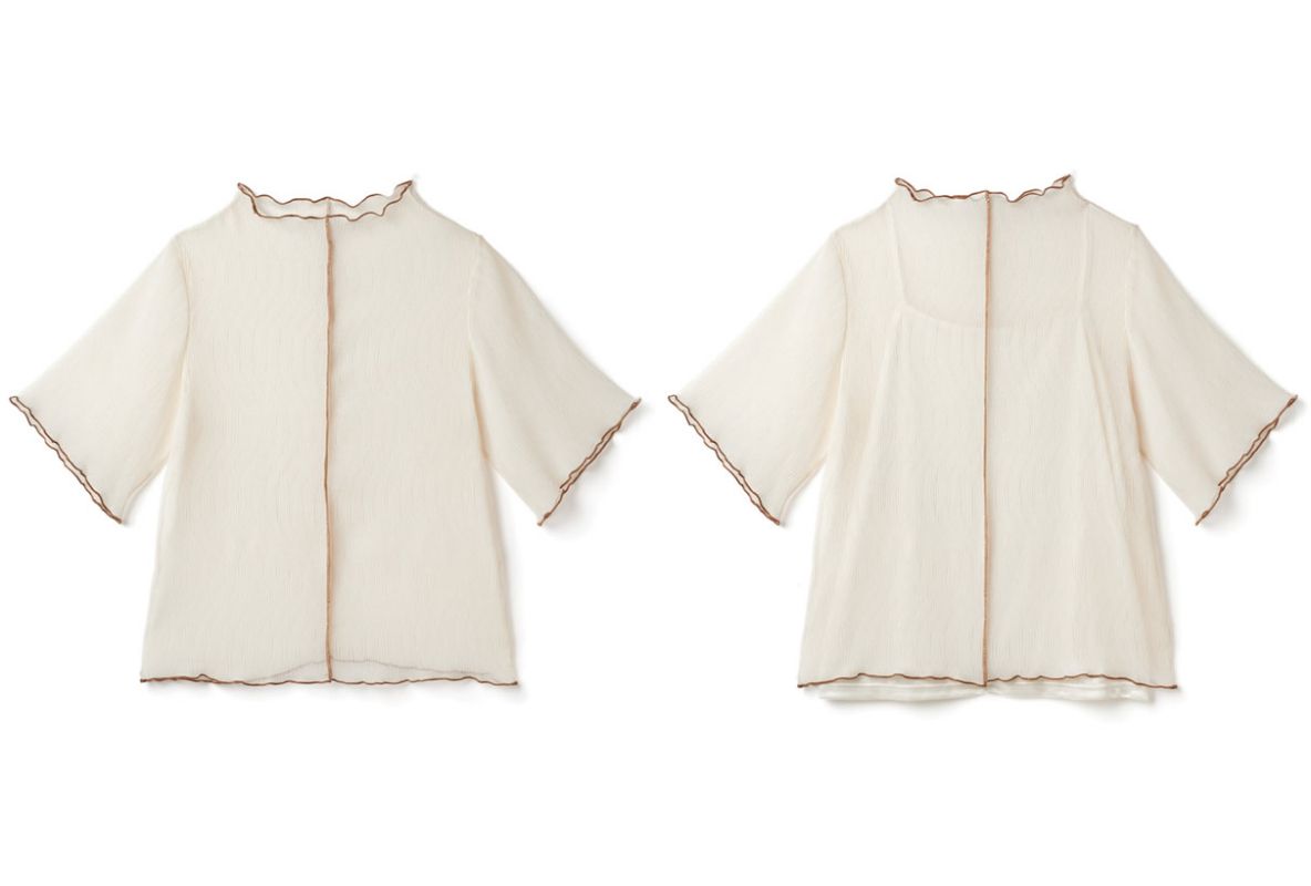 日本 GRL - 復古木耳滾邊透膚短袖上衣(附內裡)-奶油杏