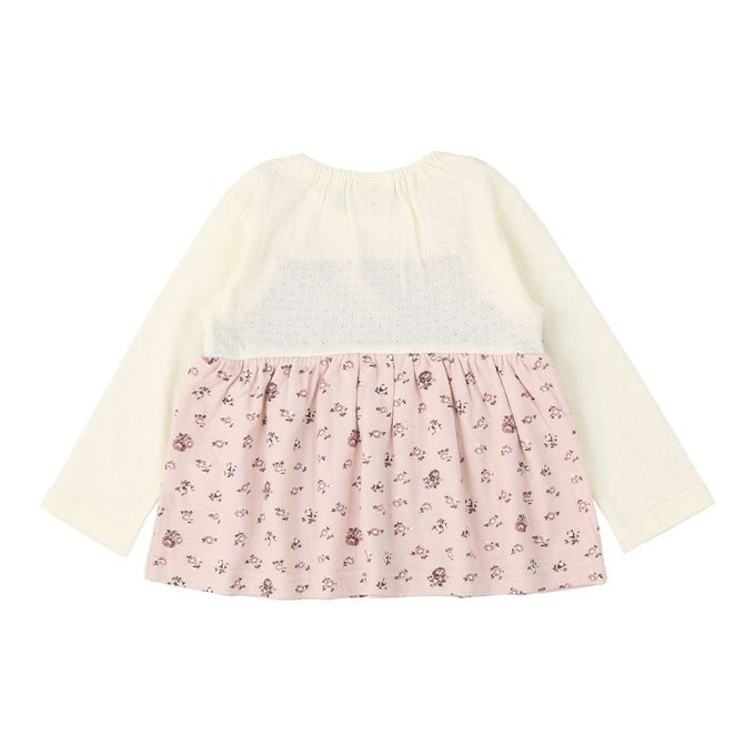 日本 ZOOLAND - 清新紋理假二件長袖上衣-撞色花朵-象牙x玫粉