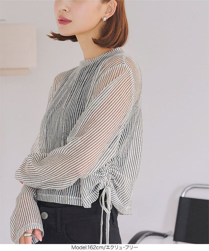 日本 Kobe Lettuce - 小性感側綁帶線條感透膚長袖上衣-黑