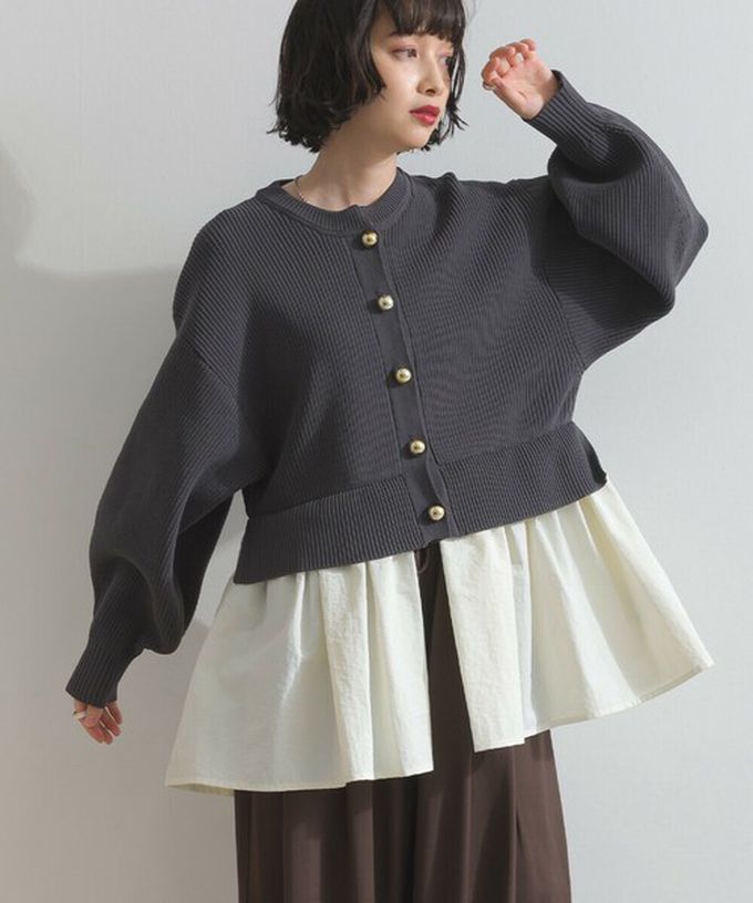 日本 ELENCARE DUE - 羅紋針織美型金扣層次長袖上衣-藍