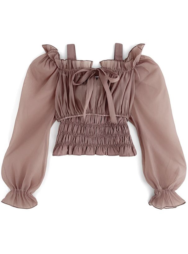 日本 GRL - 2WAY柔美紗拼接糖果袖上衣-黑 (F)