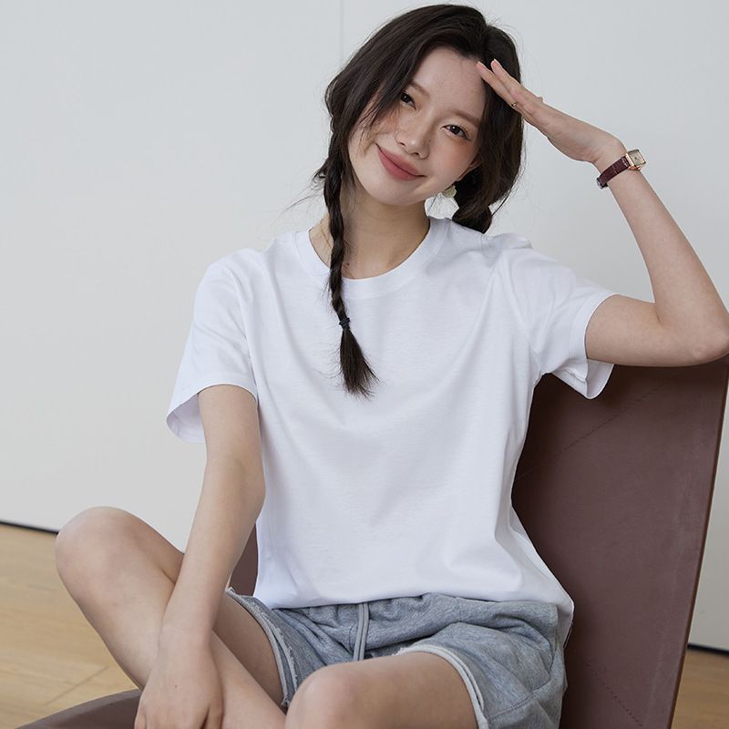 糖果色絲光棉圓領短袖上衣-白色