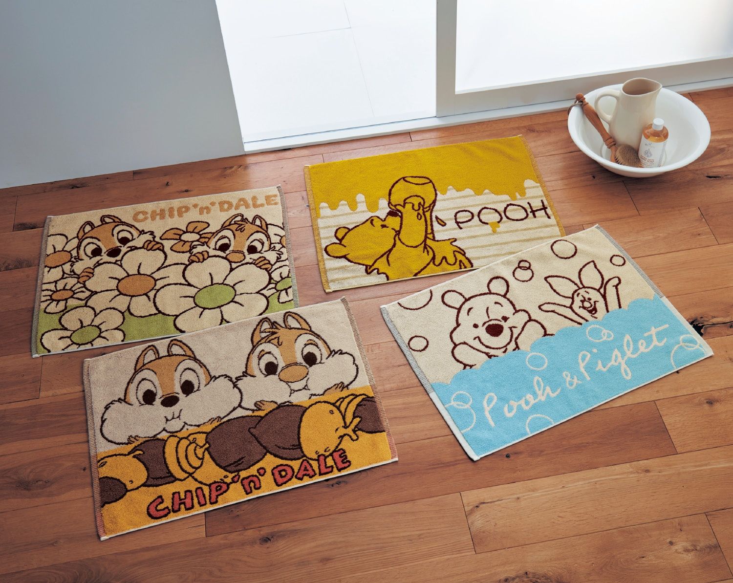 日本千趣會 - 迪士尼 純棉吸水快乾腳踏墊2件組-維尼小豬-藍黃 (45x60cm)