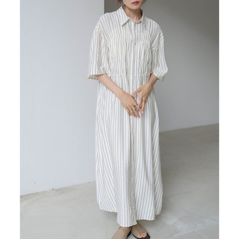 時尚抓皺襯衫式五分袖洋裝-條紋-象牙