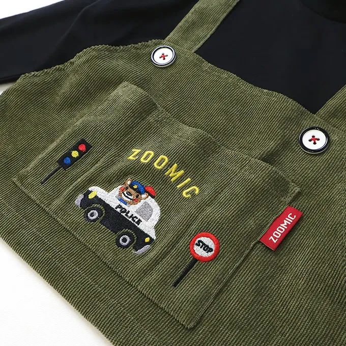 日本 ZOOLAND - 熊熊救援隊 燈芯絨吊帶拼接長袖上衣-警車-黑X軍綠
