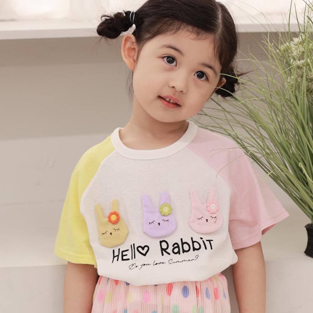 韓國 Coco rabbit - Hello小兔子點綴短袖上衣-黃X粉