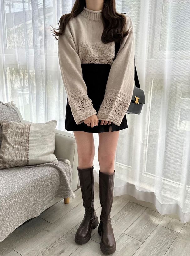 日本 GRL - 鉤針拼接落肩針織毛衣-黑 (F)