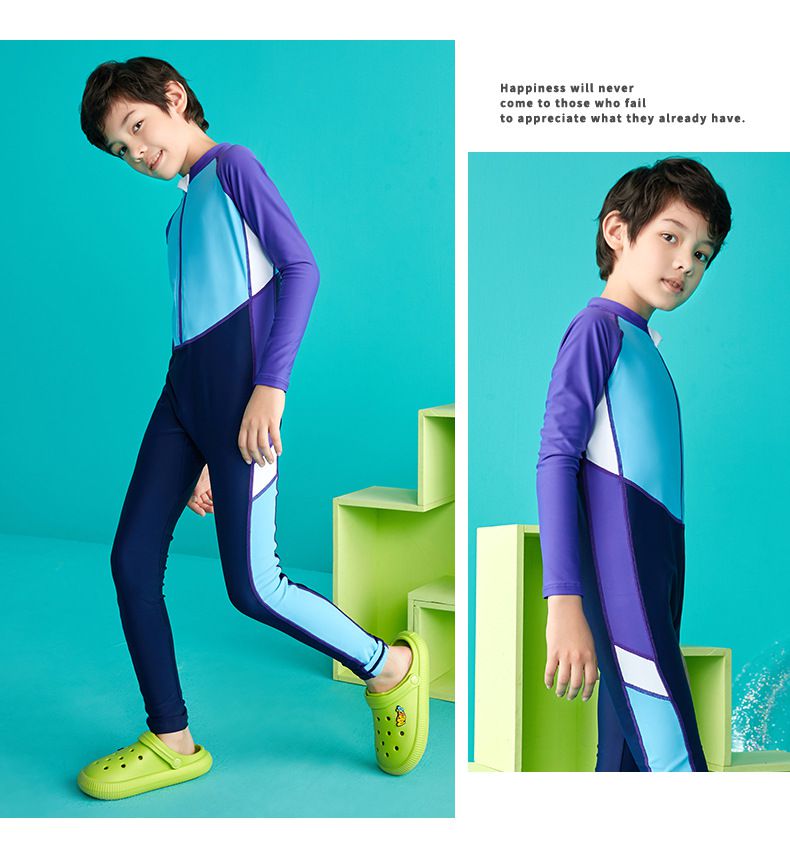 男寶運動風拼色連身長袖泳衣-深藍+淺藍+紫