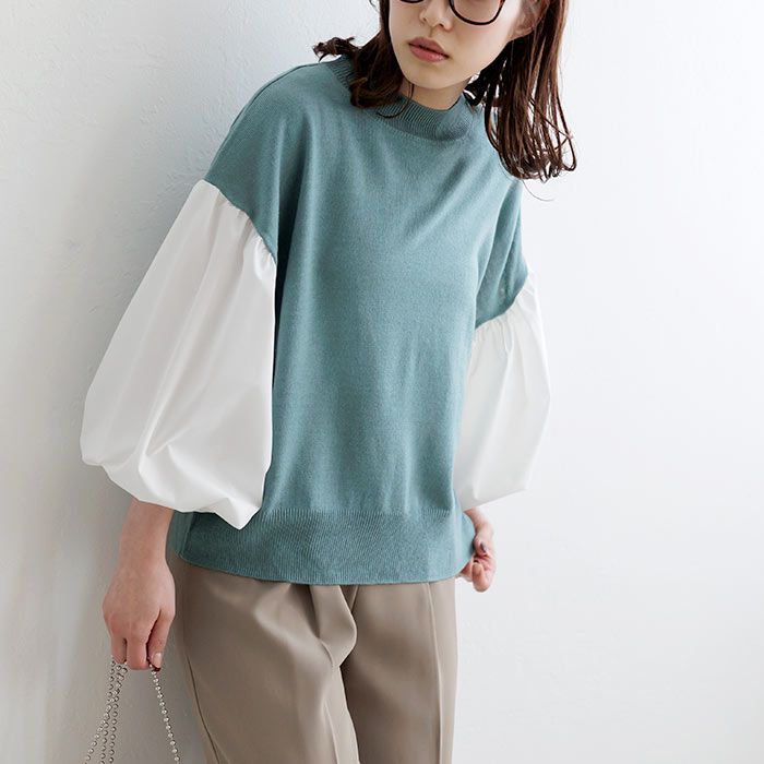 日本 ihuu - 氣球袖拼接薄針織上衣-黑x白