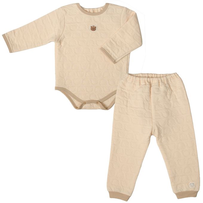 akachan honpo - 長袖包屁衣家居服-保暖鋪棉 小熊-淺卡其色