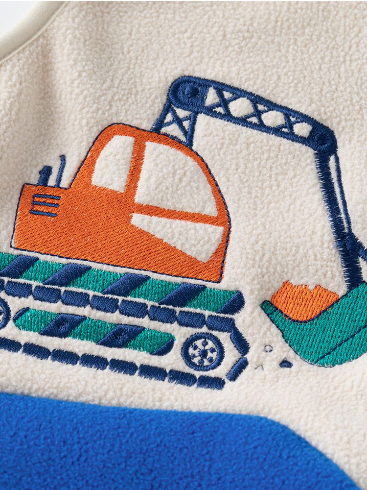 搖粒絨保暖兒童背心-工程車-杏+深灰