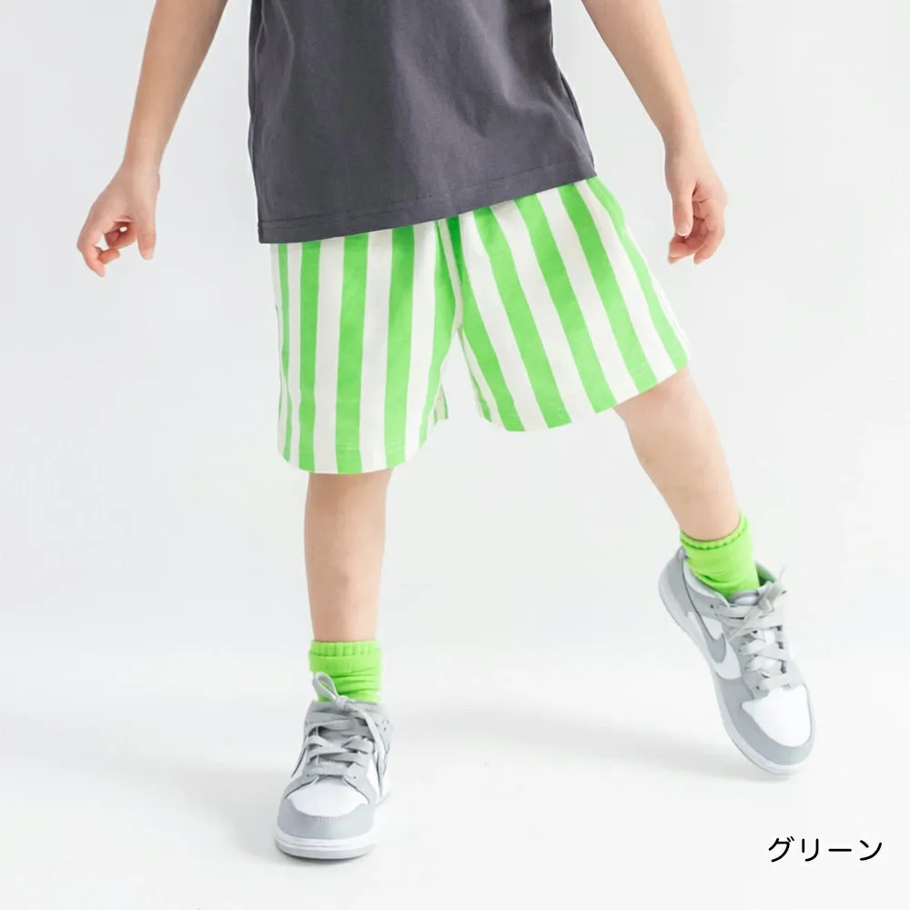 必收！純棉寬鬆舒適短褲-直條紋-綠x白