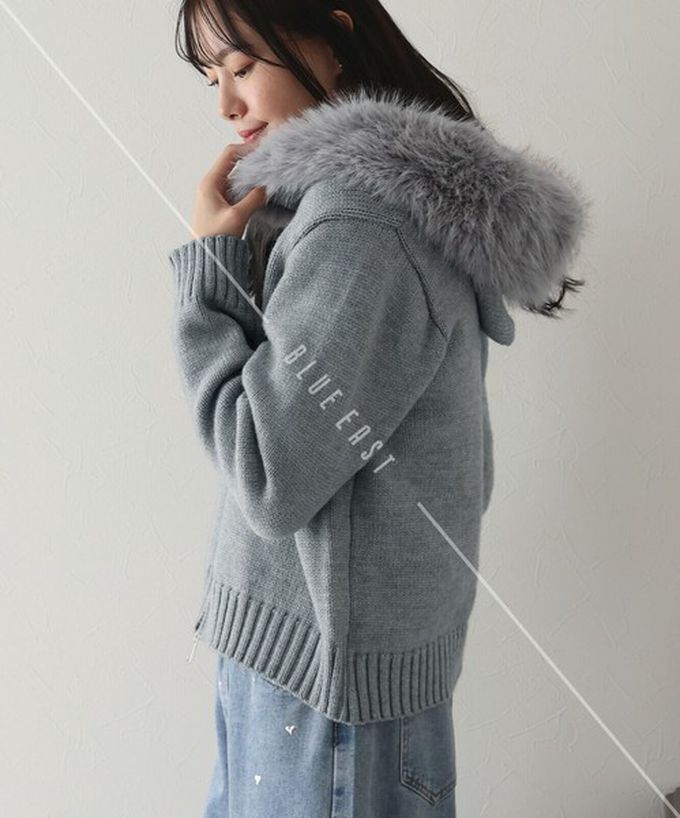 日本 BLUE EAST - 澎澎可愛毛絨帽雙拉鍊針織外套-黑