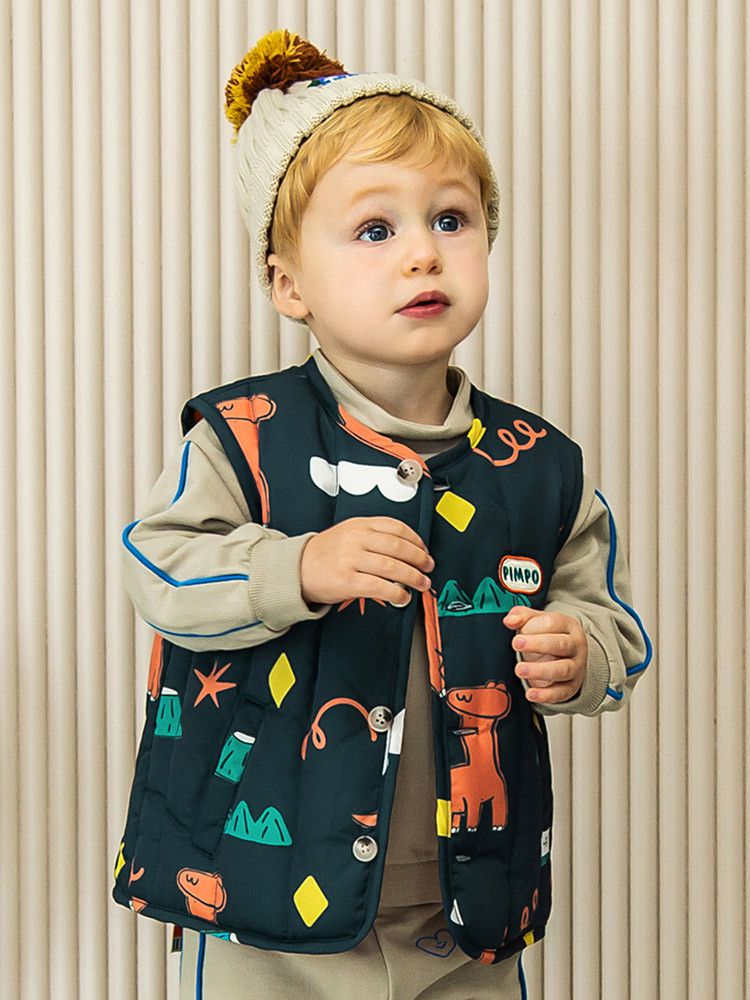 韓國Pimpollo - 手繪風自信恐龍保暖背心-灰