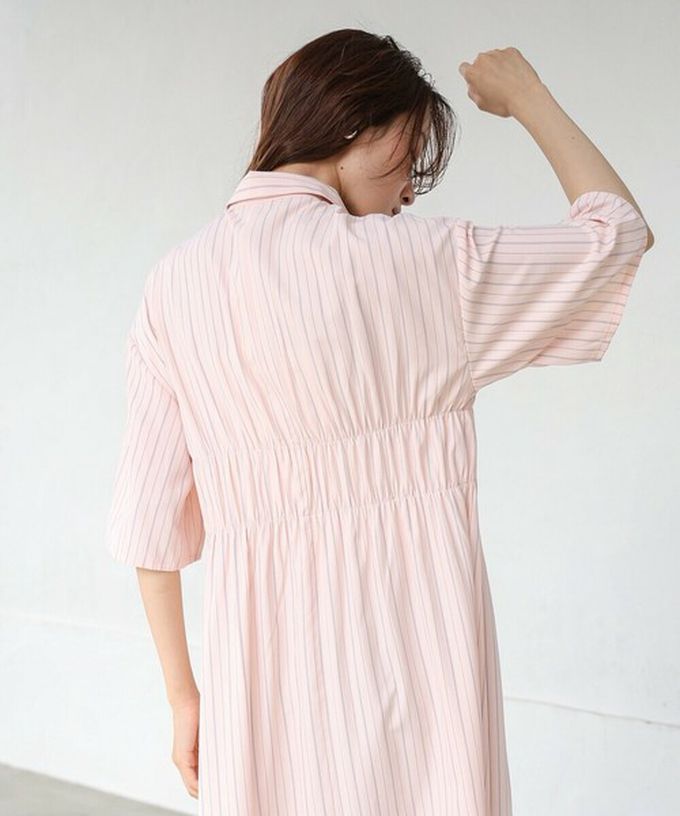 日本 Bab - 時尚抓皺襯衫式五分袖洋裝-條紋-粉紅