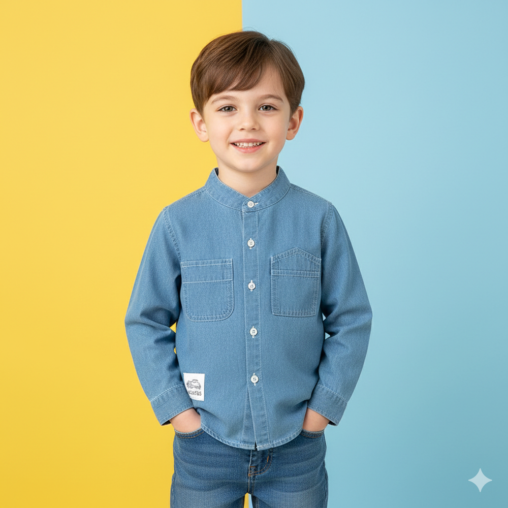 立領牛仔長袖襯衫-不規則口袋-淺藍