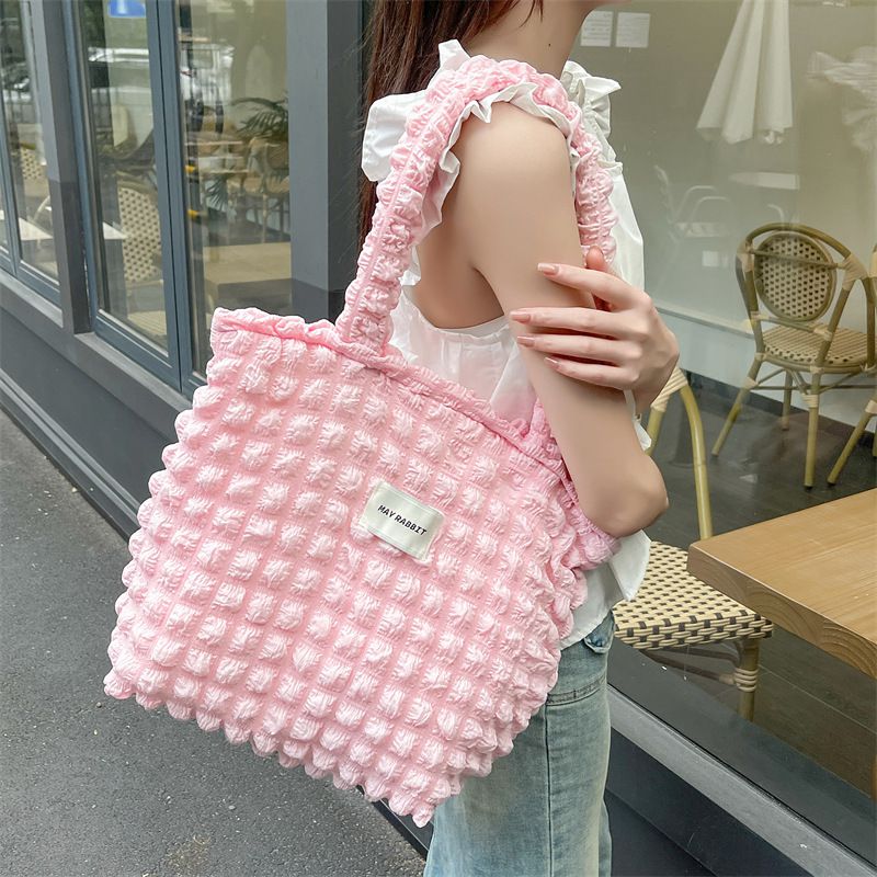 加厚奶油泡泡雲朵手提包/肩背包-米杏色 ((32+24)x40x14cm)