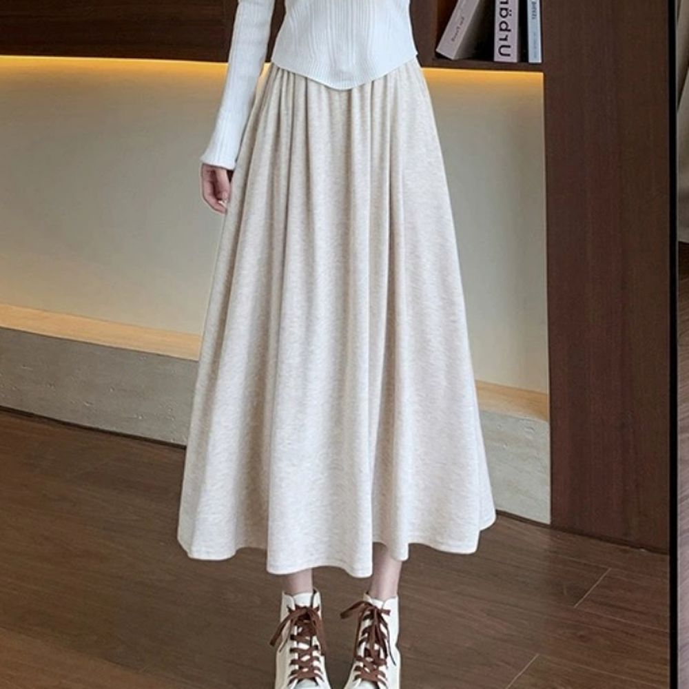 舒適鬆緊腰顯瘦抗皺A字中長裙-米杏