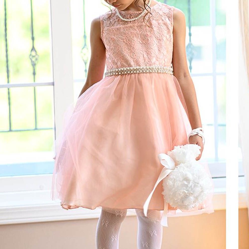 夢幻珍珠點綴薄紗洋裝/小禮服-粉橘