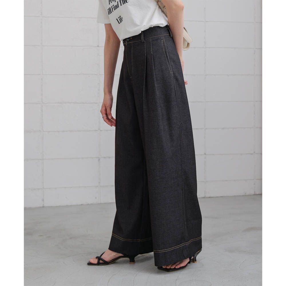 簡潔縫線俐落寬版長褲-黑