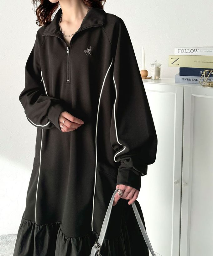 日本 Classical Elf - 異素材荷葉拼接半拉鍊寬版長袖洋裝-炭灰