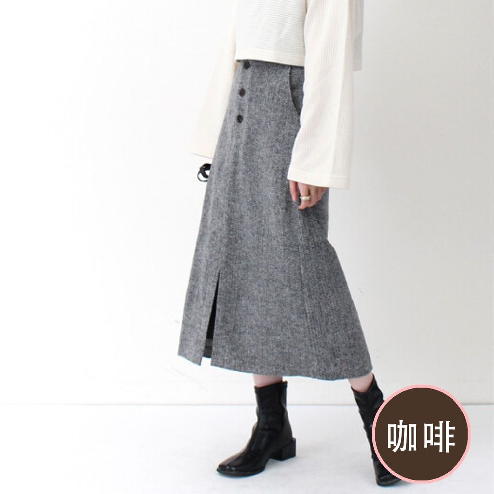日本 Riche Glamour - 後腰鬆緊毛呢排釦前開岔長裙-人型紋-咖啡