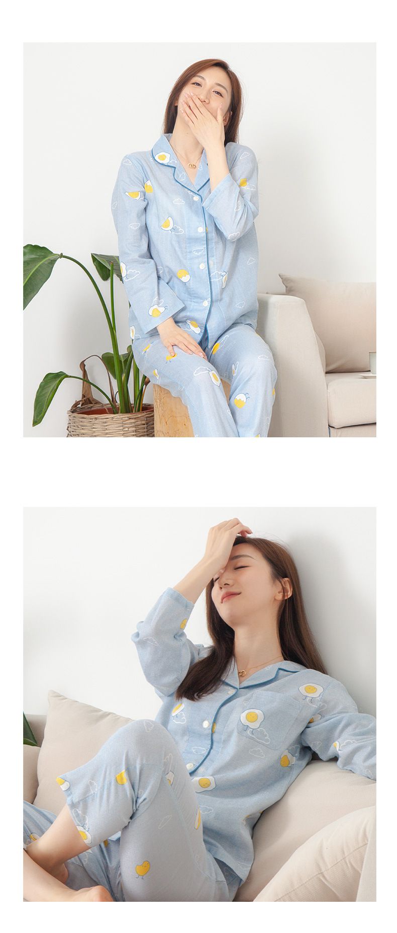 雙層棉紗布長袖家居睡衣套裝-成人款-藍底荷包蛋