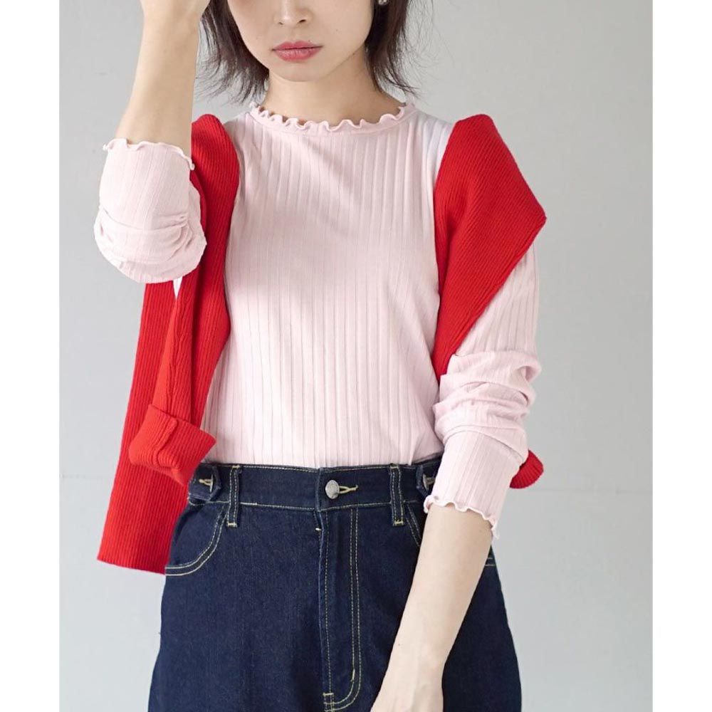 日本 zootie - [熱銷款] 木耳領羅紋彈性薄長袖上衣-草莓牛奶粉