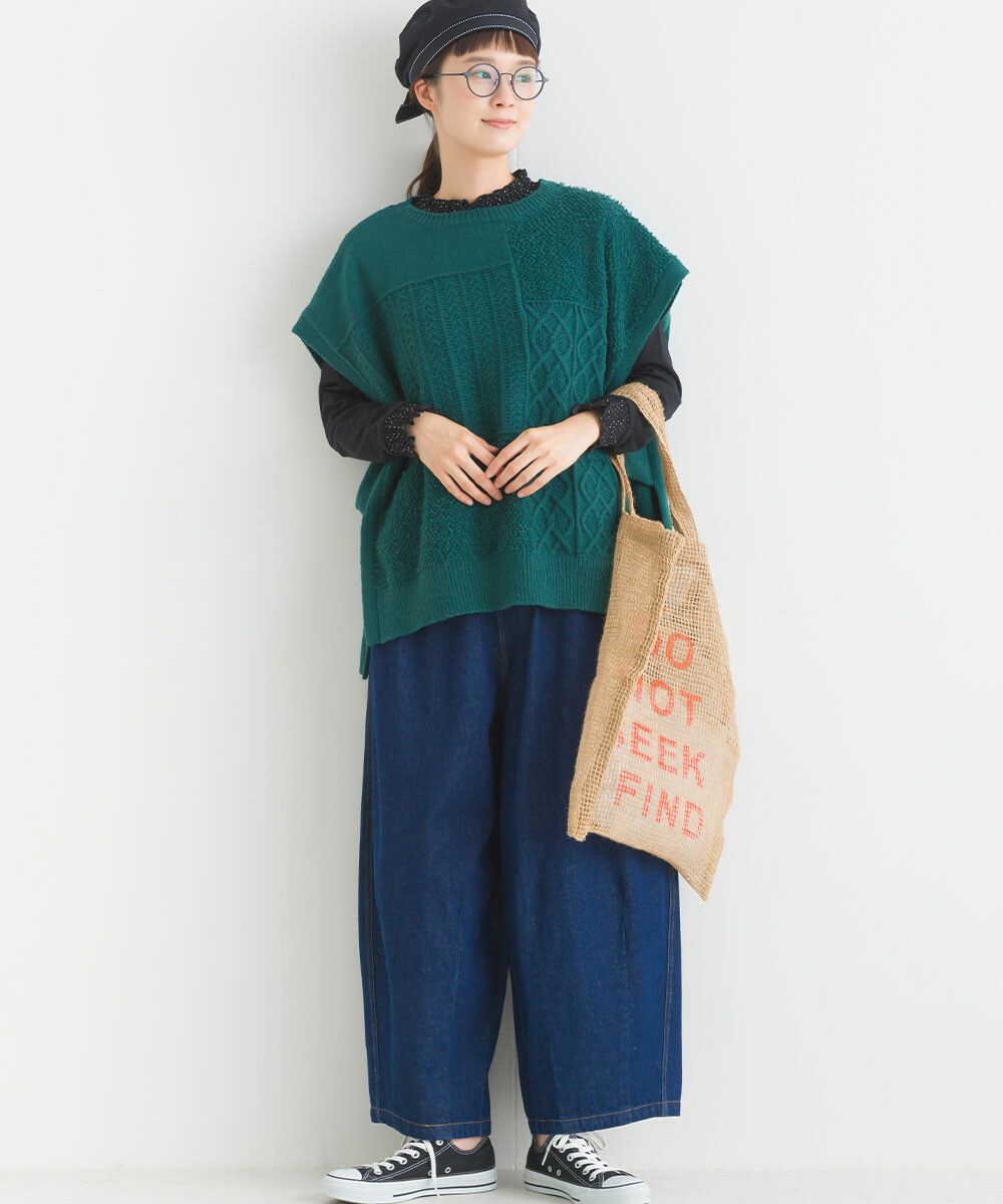 日本女裝代購 - 圓領編織紋拼接針織背心-咖啡