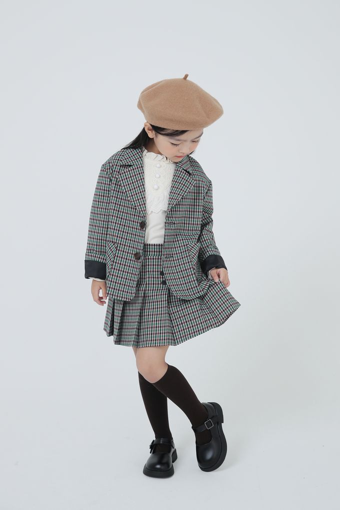 韓國 Coco Bang - 多彩色線格紋翻領西裝外套-咖X紅X綠X藍紫