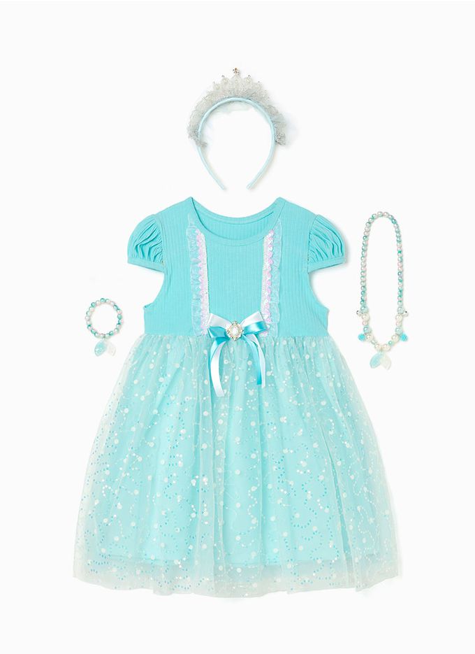 韓國 OZKIZ - (附配飾)公主點綴短袖紗裙洋裝-湖水綠