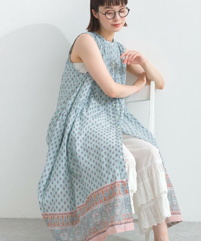 日本 Lupilien - 100%印度棉 清新印花柔軟洋裝-圖騰-薄荷