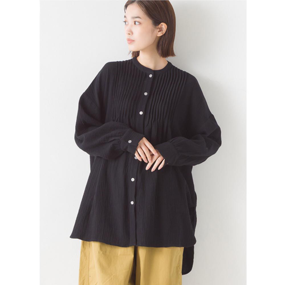 日本 OMNES - 二重紗氣質細摺長袖襯衫-黑色