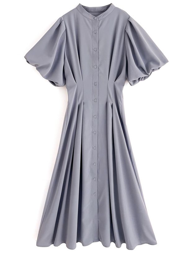 日本 GRL - 小立領收腰修身泡泡袖排扣洋裝-石墨灰