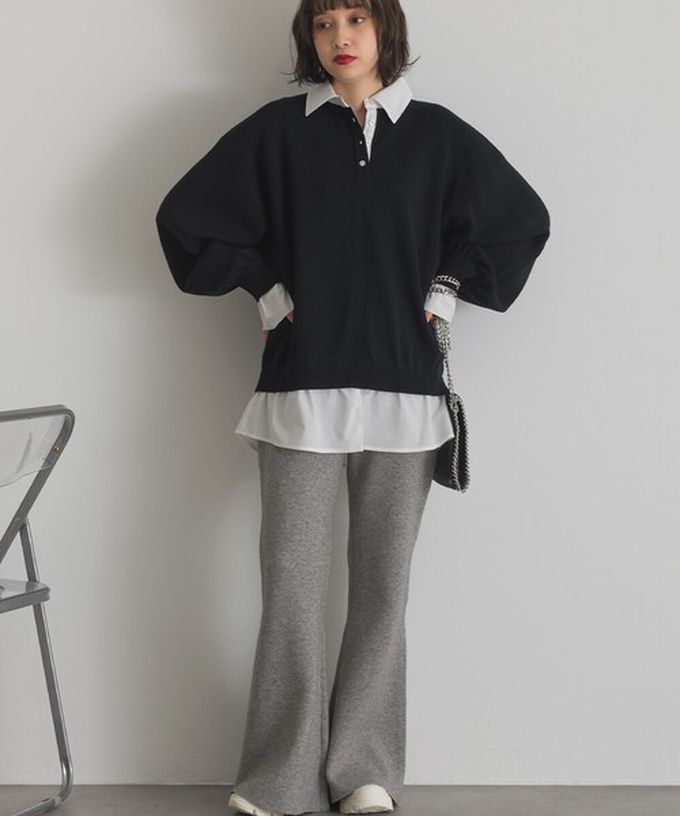 日本 ELENCARE DUE - 假二件襯衫領輕盈落肩長袖上衣-黑x白