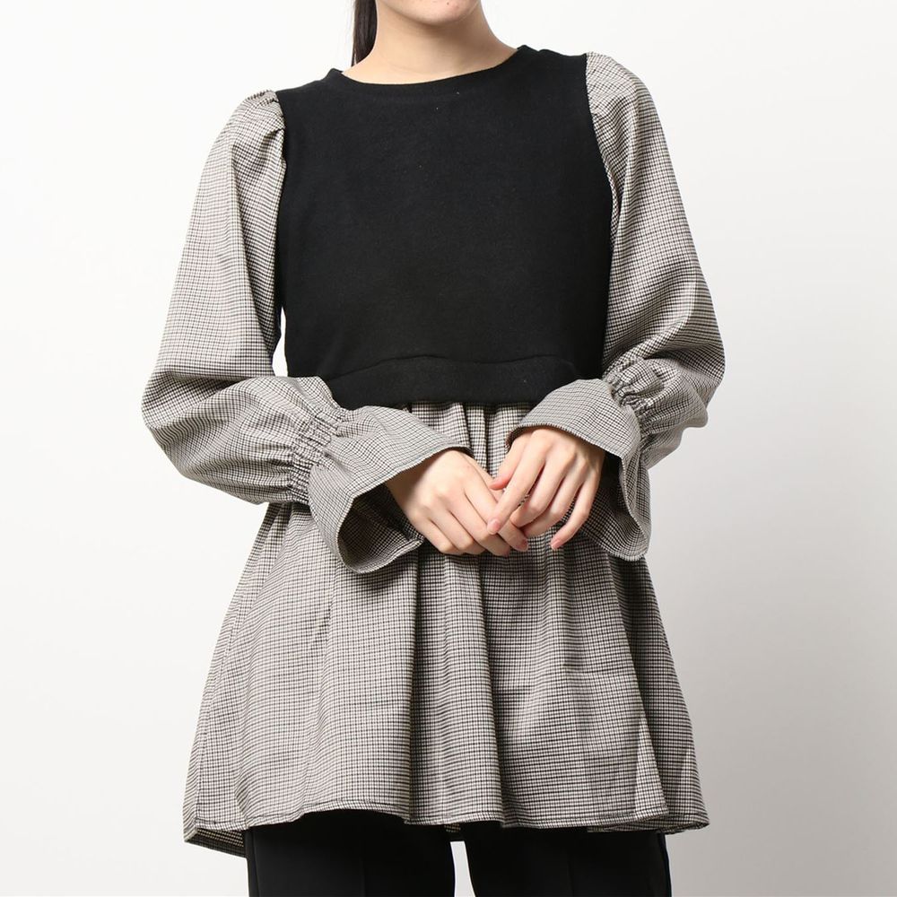 日本 Riche Glamour - 假兩件造型 小格紋長袖X背心-黑