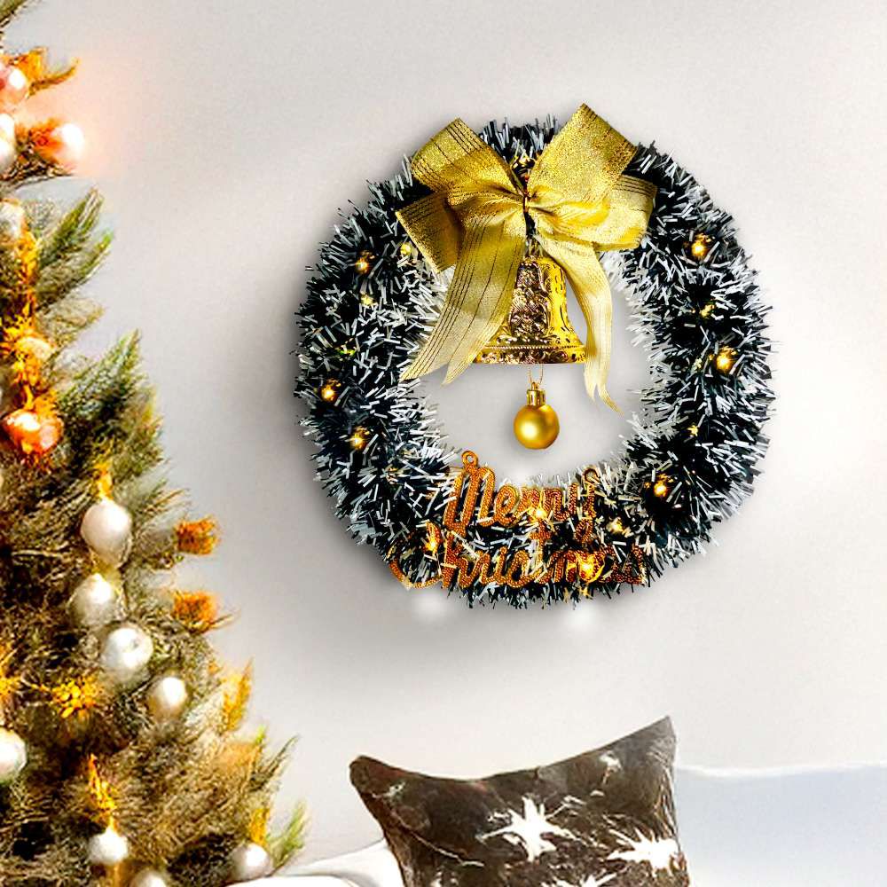 11吋風尚雅墨綠刷白系金蔥彎絲聖誕花圈+20燈LED暖白光燈串_本島免運費