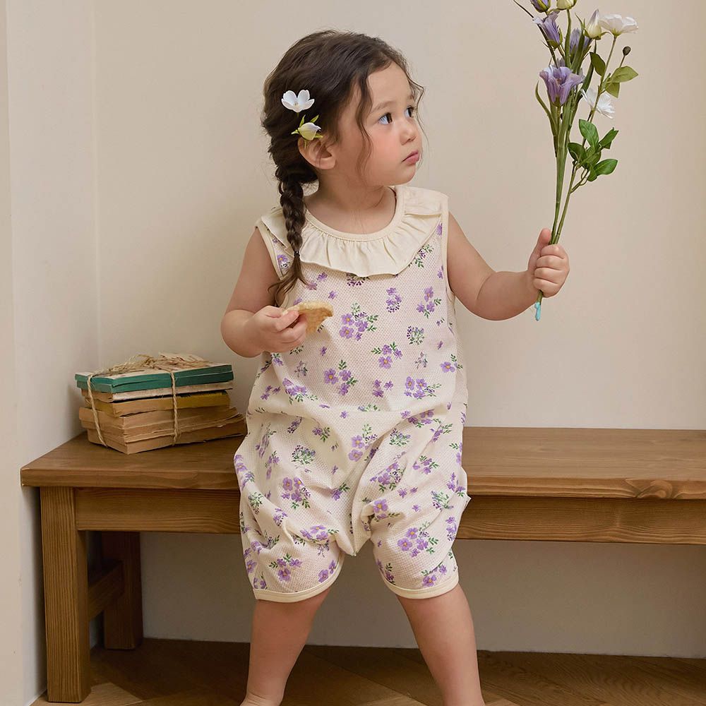 透氣網眼洞洞連身防踢被-紫色花園-米黃