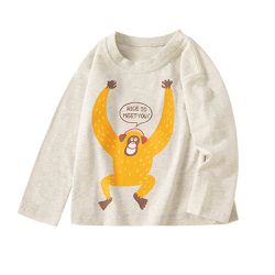 BE TOP - 純棉圓領薄長袖上衣-猩猩新朋友-米灰