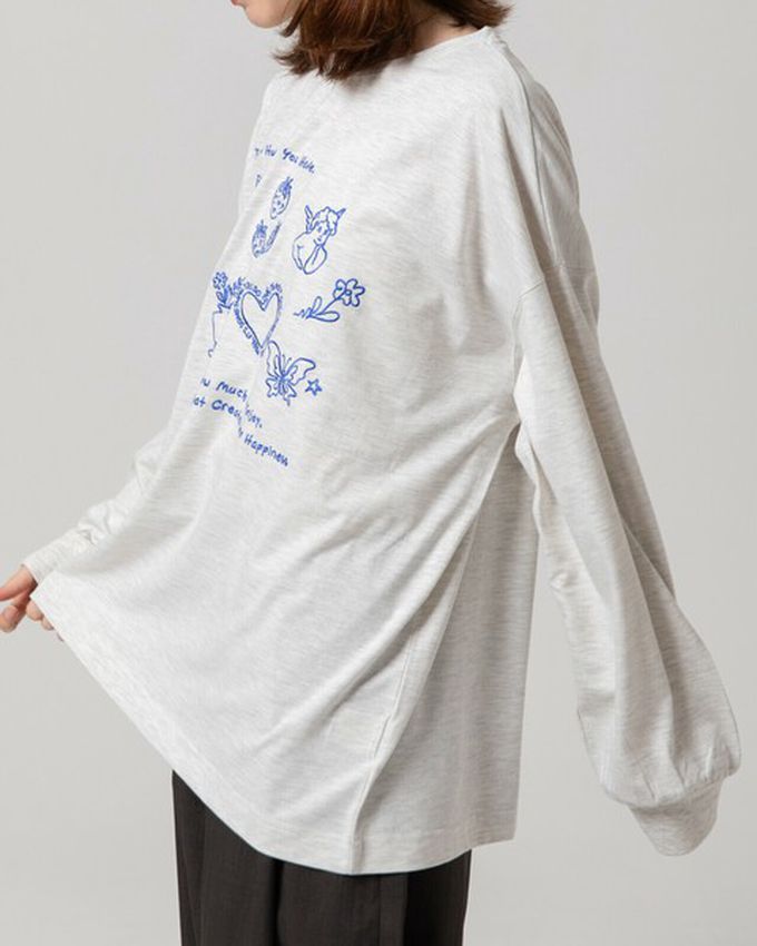 日本 gleam - 甜蜜刺繡印花休閒寬版長袖T恤-白