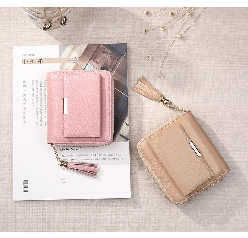 真皮質感流蘇拉鏈短夾-粉色 (11x10x3cm)