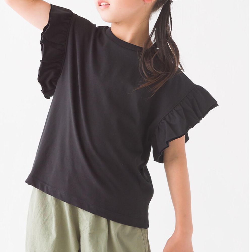 日本 OMNES - 純棉柔軟可愛荷葉短袖上衣-黑