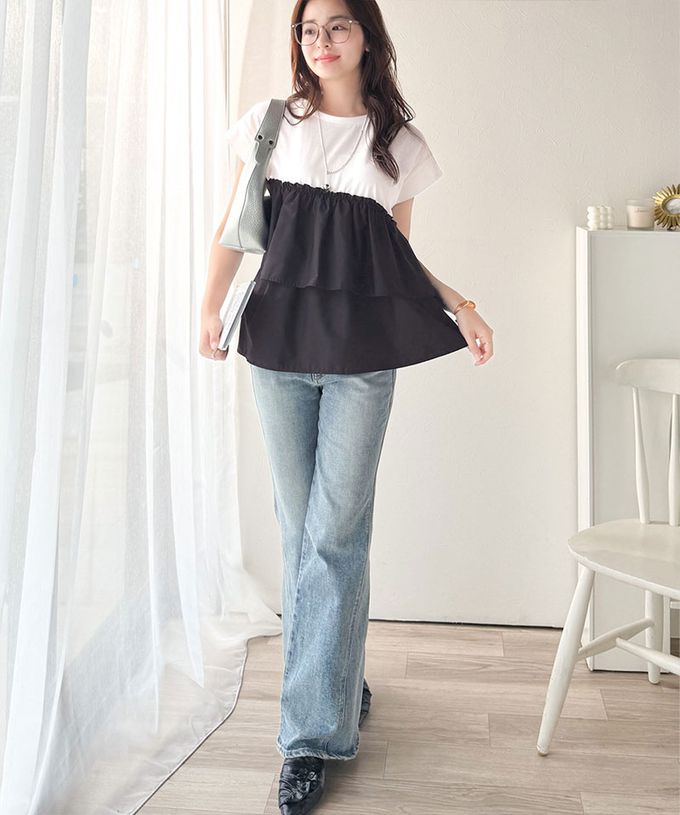 日本 Classical Elf - 浪漫不對稱拼接荷葉短袖上衣-炭灰